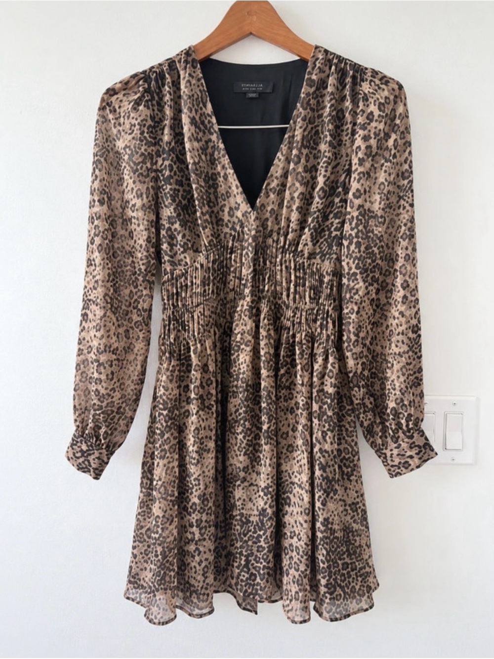 All Saints Brown Leopard Print Long Sleeve Dress